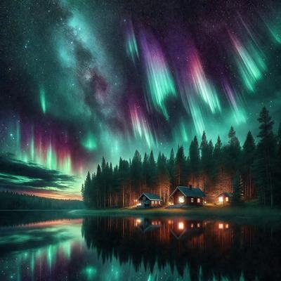 The primary subject of the image is a house situated on a lake, surrounded by a forest. The setting is a serene and peaceful environment, with the house being the main focus of the scene. The visual style of the image is a digital art, creating a surreal and dreamy atmosphere. The dominant colors in the image are purple and green, which contribute to the overall mood of the scene.